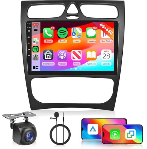 [6G+128G] 8-Core Android Radio para Mercedes Benz Clase C/CLK W203 2000-2004 con Bluetooth GPS, Hodozzy Pantalla Táctil de 9 Pulgadas con Carplay Android Auto, WiFi, USB, DSP, FM/RDS Radio, Cámara