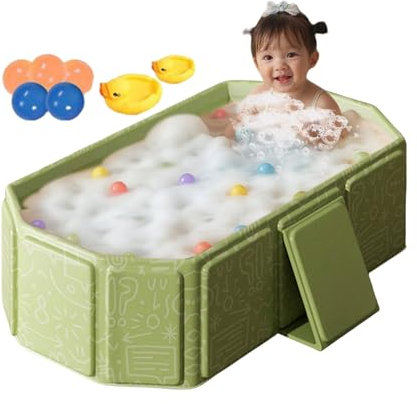 Baignoire Portable, Baignoire Pliable Bébé, Grande Baignoire, Bassin de Douche Portable avec 5 Balles et 2 Canards pour garçons filles enfant, Lavabo de douche pour chat et chien, 75x70x25cm