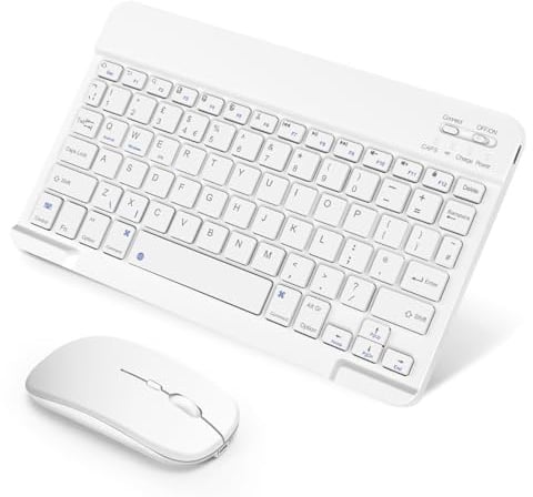 SOPPY Portable Bluetooth Keyboard and Mouse, Rechargeable Mini Wireless Keyboards for iPad/Air/Pro/SM Tablets/Lenovo Tab/iOS/Android/Windows, UK Layout (White)