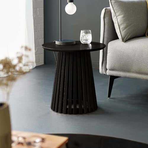 Julian Bowen Ollie Black 45cm Round Lamp Table | Contemporary Side Table for Living Room, Slatted Pedestal Leg Base, Modern Matte Finish