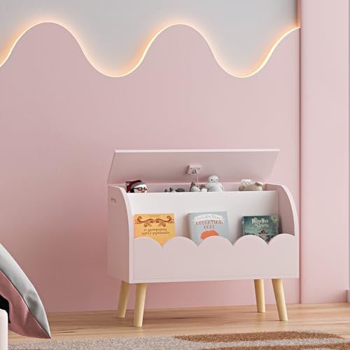 [en.casa] Coffre à Jouets pour Enfants avec Comartiment de Rangement Couvercle Rabattable avec Mécanisme Fermeture en Douceur MDF 60 x 30 x 44 cm Rose Blanc