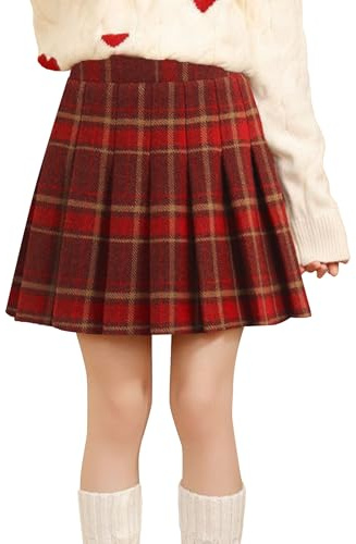 NEAWEALY Jupe à carreaux pour fille - Automne - En tweed - Chaude - Jupe plissée - Avec pantalon intérieur - Taille haute - Mini jupe uniforme scolaire - Jupe d'automne, rouge, 12-13 ans