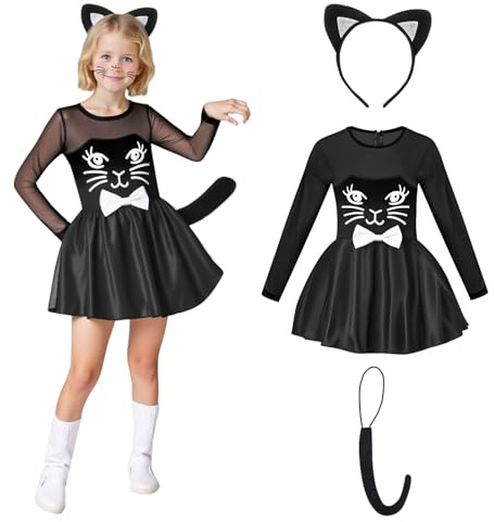 OUMDON Costume Halloween Gatto Bambina: Vestito Gatto Nero Bambina Con Orecchie e Coda di Gatto - Costume Gatto Adatto per Feste