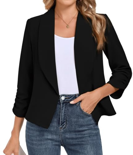 BSYUROS Women's Blazer 3/4 Sleeve Open Front Blazers Slim Fit Casual Work Lightweight Suit Jacket M, Black