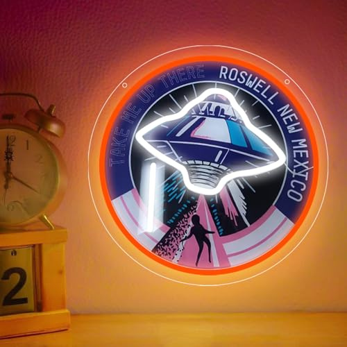 UFO Neon Schild, LED Alien Spaceship Neon Sign für Wand Deko, Dimmbare Neonlichter USB Power für Kinderzimmer Schlafzimmer WohnzimmerSpielzimmer Home Club Büro Mann Höhle