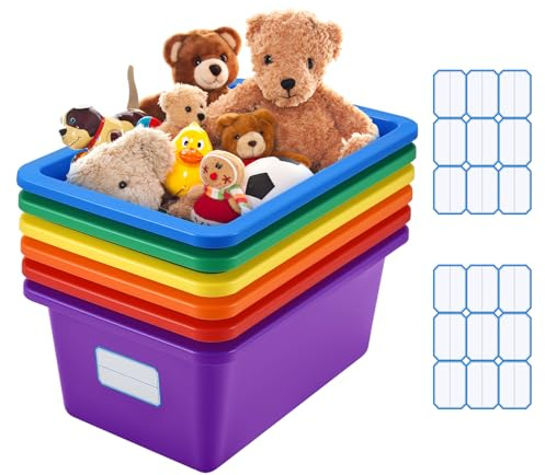 Tsudoku 6 Pcs Plastic Storage Boxes, Rainbow 2 | Multiple Colors Storage Baskets for Classroom Storage , Bathroom, Kitchen, Toy, Open Storage Bins with Self Adhesive Labe