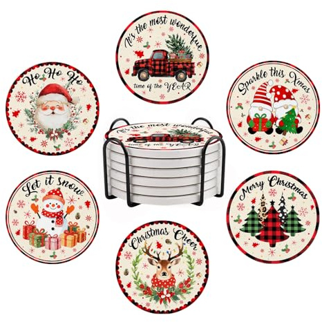Christmas Coasters for Drinks, Santa Reindeer Ceramic Coasters for Drinks, Set of 6 Drink Coasters with Metal Holder, Absorbent Round Non-Slip Drink Coffee Bar Mug Cup Coaster Decoration Gifts