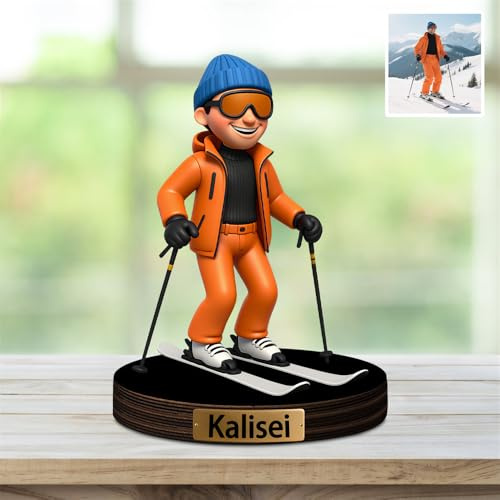 XIAO.Z Benutzerdefinierte Wintersport Skifahrer Foto Cartoon Stil Desktop Skulptur, personalisierte Skiliebhaber Spaß Bild Cartoon Portrait Rahmen Zeichen Plakette Geschenk