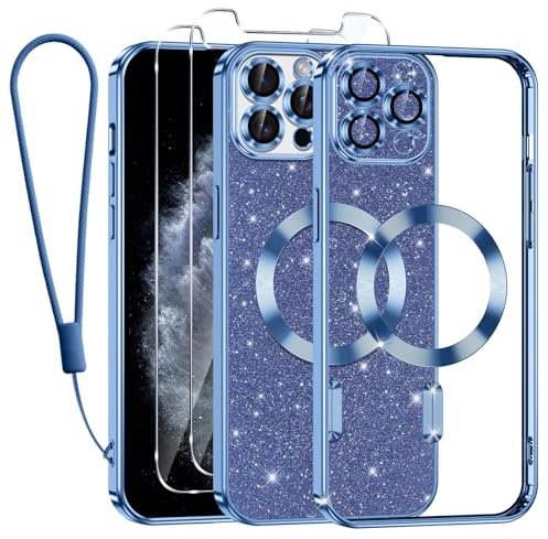Tikfrlo Handykette für iPhone 11 Pro Hülle mit MagSafe, Glitzer Magnetisch Handyhülle Stoßfeste Silikon TPU Schutzhülle Case für iPhone 11 Pro mit 2 Stück Schutzfolie, Blau