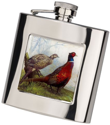 Farm Cottage Brands 6oz oblong pheasant scene Stainless Steel hip flask with funnel, for game days, shotgun users