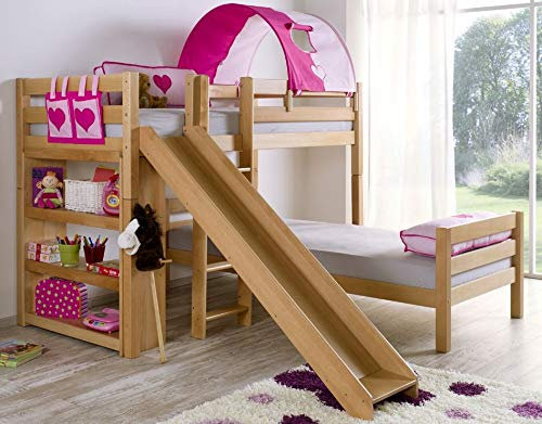 Froschkönig24 Etagenbett mit Rutsche Beni L Kinderbett Spielbett Bett Natur Stoff Pink/Herz
