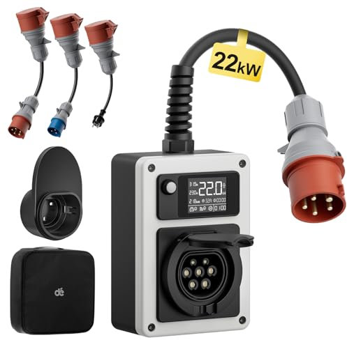 dé Mobile Wallbox 22kW 32A EV Charger 22kW Ladestation mit Traveller Adapter Set, CEE Stecker und Typ 2 Steckdose, RFID-Karte für ID.4 ID.5, Model Y/3, e-up, e-tron und andere EV und PHEV