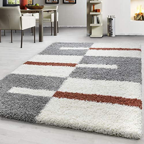 Teppium Shaggy Hochflor Teppich Läufer Flur 60 x 110 cm Terrakotta - Kariertes Flauschiger Teppich, Weich und Pflegeleicht - Ideal als Bettvorleger Schlafzimmer, Küchenläufer, Wohnzimmerteppich