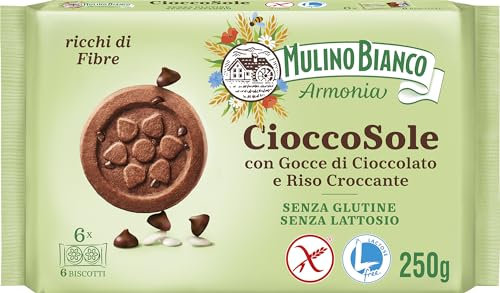 Mulino Bianco Biscotti Frollini Senza Glutine al Cioccolato e Riso con Gocce di Cioccolato, Ideali per Colazione o Snack, Senza Olio di Palma, Confezione da 250 g con 6 Monoporzioni da 6 Biscotti