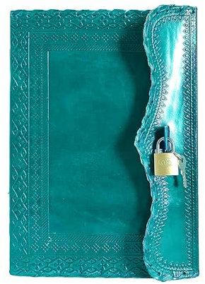 Jaald 25 cm Notizblock Notizen Notizbuch Seiten Handgemacht Album Tagebuch Leder mit Lederbezug Geschenke Antik Keltische Schloss Schlüssel Schliesse - Türkis