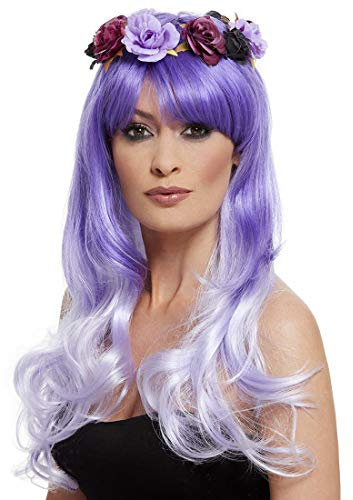 Amakando Dia de los Muertos Damenperücke mit Blüten-Kranz/Violett/Cosplay Fashion-Perücke mit Blumen-Krone/Bestens geeignet zu Kostümfest & Karneval