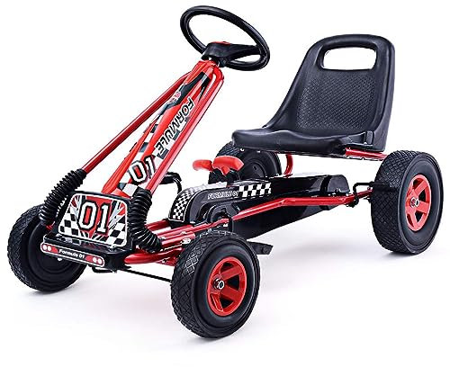 DREAMADE Kinder Go Kart Tretfahrzeug, Tretauto mit Bremsen, Kinderfahrzeug Pedalfahrzeug mit Verstellbarem Sitz für Kinder ab 3 Jahre (Rot)
