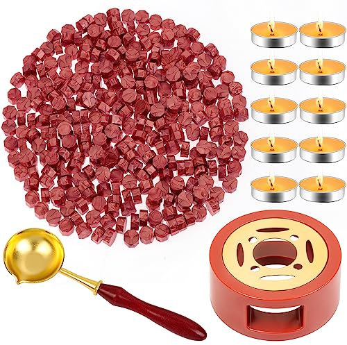 Paxcoo Red Wax for Letters Stamp Seals, 312pcs Stamp Wax Kit with Red Wax Seal Beads, Wax Seal Warmer, Wax Spoon and Tealight Candles for Wax Envelopes Mail and Wedding Invitations