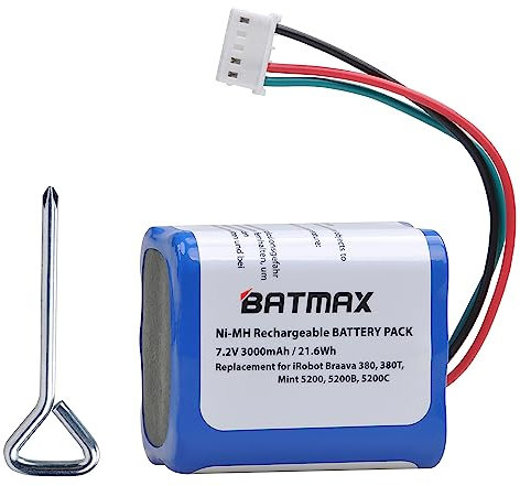 Batmax 7,2 V NI-MH 3000 mAh 380 Akku für iRobot Braava 380t 390 390t 2000, Mint Plus 5200 5200B 5200C Staubsauger