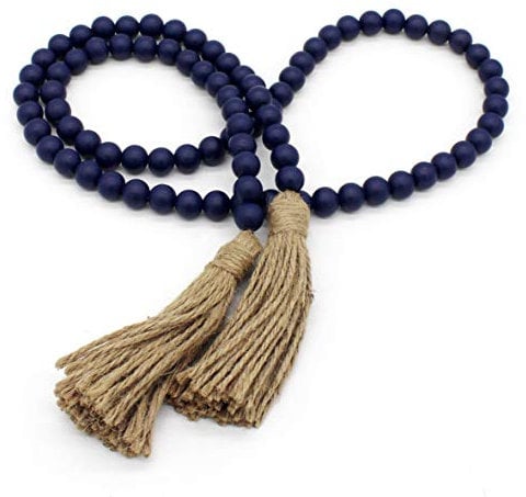 CVHOMEDECO. Wood Beads Garland with Tassels Farmhouse Rustic Wooden Prayer Bead String Wall Hanging Accent for Home Festival Decor. Navy Blue