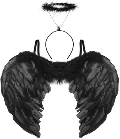 Aurasky Alas de Angel Negro, Diadema Angel, Alas Demonio, Disfraz Angel Negro, Disfraz Diablo Mujer, Alas Negras para Niños Adultos Mascarada Halloween Carnaval Cosplay Fiesta
