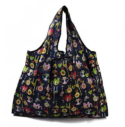 BEEFLYING 3 Stück Faltbare Nylon-Einkaufstaschen Wiederverwendbare wasserdichte Recycling-Einkaufstaschen Maschine waschbar Mutter Tasche mit Beutel Tasche Griff (Zoo-Muster)
