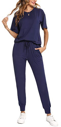 Totatuit 2 Piece Outfits Women's Tracksuits Casual Soft Cotton Ladies Loungewear Set Summer Short Sleeve, Long Sleeve Top and Bottoms Full Set for Sport XXL Navy Blue