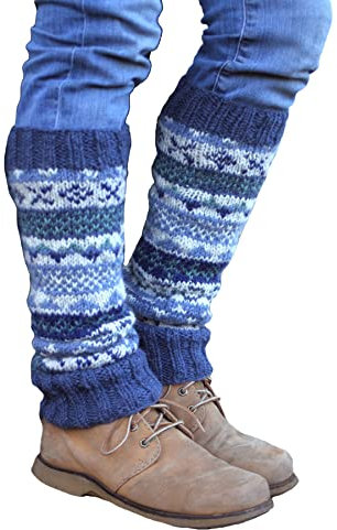 Pachamama Women 100% Wool Legwarmer Handknitted Fair Isle Pattern Denim Multicoloured Regular Fit Handmade Extra Warm