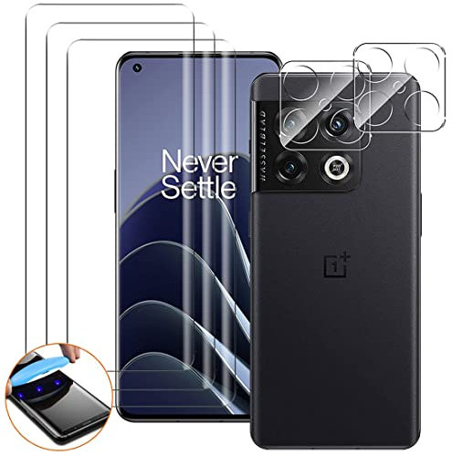 NOVAGO Compatible avec OnePlus 10 Pro 5G - 3 Films vitre protection écran vitre verre trempé incurvé colle et lampe fournie + 2 Films caméra objectif arrière