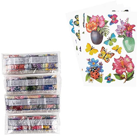 Ideen mit Herz Diamond Painting Sticker | 4 Bogen in DIN A4 | Aufkleber einzeln abziehbar | inkl. Schmucksteine (Blüten & Schmetterlinge)