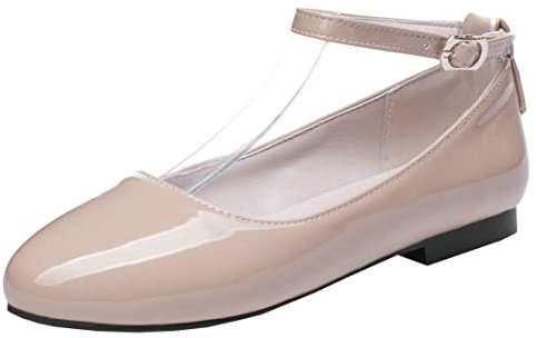 MISSUIT Damen Lack Pumps Riemchen Flach Ballerina Mary Jane Sommer Schuhe(Beige,38)
