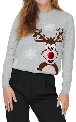 ONLY Damen Weihnachts Strick-Pullover ONLXMas Bell Rentier Weihnachten mit Glöckchen 15243243 Light Grey Melange S
