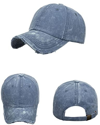 Baseball Cap Damen Basecap Kappe Herren Unisex Mütze Hut Baseballkappe Vintage Worn Hole Washed Denim Männer Frauen Hut Sommer Outdoor Sports Plain Blau Weinrot 56-60Cm Blue