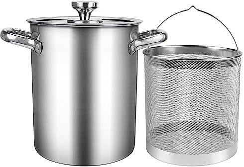 LNQ LUNIQI Deep Fryer Pot with Lid and Basket Stainless Steel Asparagus Steamer Pot 2 in 1 Fry Pot with Mesh Steamer For French Fries, Chicken, Cooking Vegetables