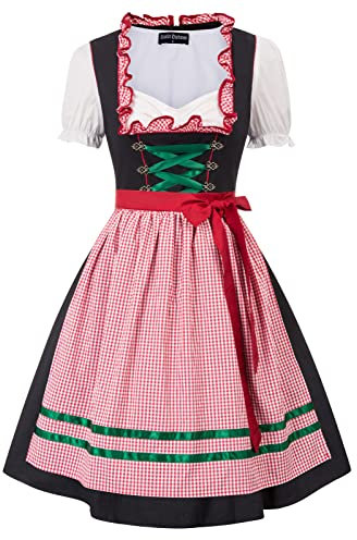 SCARLET DARKNESS Damen Dirndl 3tlg Kleid Midi Trachtenkleid mit Bluse und Schürze Baumwollkleid XXL Rot Plaid