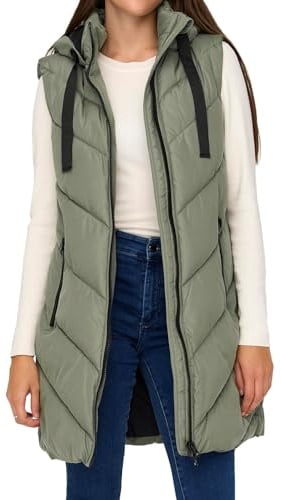 JdY Damen 3/4-lange Steppweste mit Kapuze JDYSkylar Padded Hood Waistcoat 15220630 Vetiver/Black XS