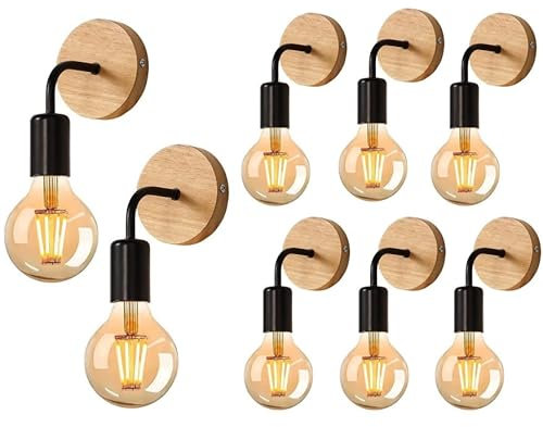 DAXGD 8 Stück Wandleuchte Vintage Holz, Wandlampe Innen Industrial E27 für Schlafzimmer, Wohnzimmer, Treppen, Flur (Glühbirnen nicht enthalten)
