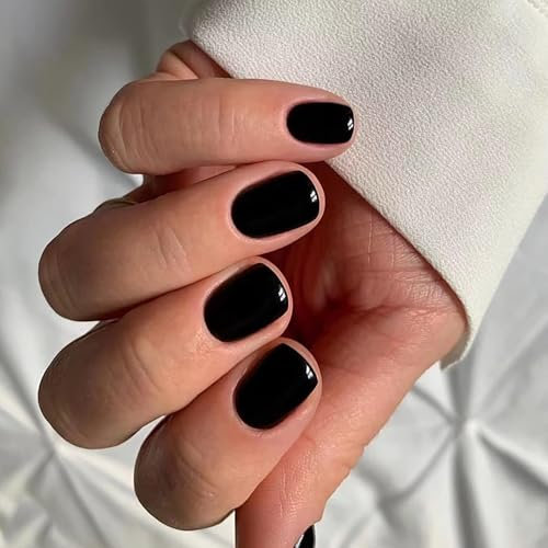 Faux Ongles Court MouyouGlow,Carré Noir Unicolore Halloween Glossy Press on Nails avec Colle à Ongles,Black Solid Acryl Fake Nails