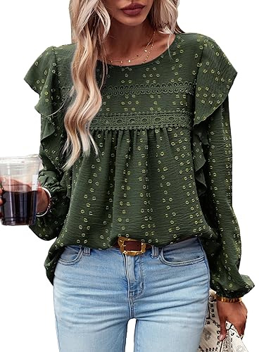 MYCOLORBLUE Blusen Tuniken für Damen Elegant Rüschenärmel Swiss Dot Spitzenbesatz Vorne Falten Streetwear Rundhals Bluse