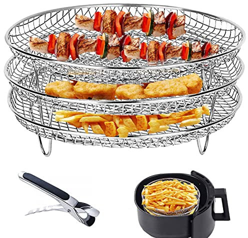 Air Fryer Rack for Ninja Air Fryer, 3 Stackable Stainless Steel Air Fryer Basket Tray with Clips, Air Fryer Accessories for All Ninja, Ninja Foodi, Gowise, Phillips 4.2QT-5.8QT Air Fryer (3Pcs Round)