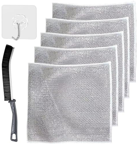Nayyana 5 Stück Mehrzweck-Draht-Geschirrtücher, Stahldraht-Geschirrtücher, Lappen für Nass und Trocken, Reinigungstuch, Geschirrspültücher für Pfanne, Topf, Küche, mit Fugenbürste