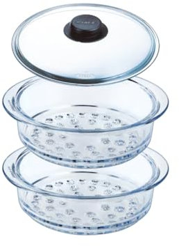 Pyrex - Doble Cesta de Vapor de 20 cm Con Tapa y Perilla - Cocción Al Vapor - Vidrio de Borosilicato - Fabricado en Francia (2 Cestas), ALB238-LOG
