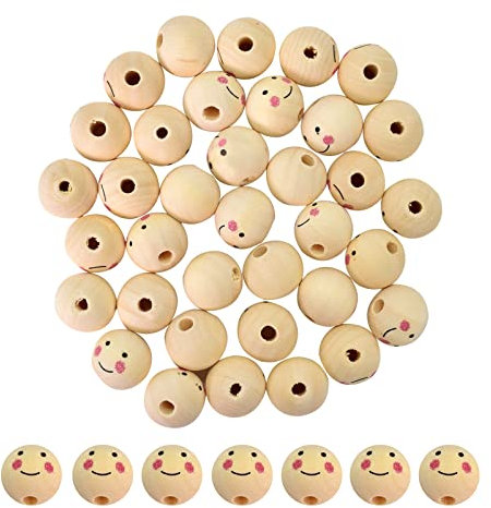 100 Stück Holzperlen Natur, 12mm Holzperlen mit Gesicht, Holzperlen mit Loch Kreative runde Perlen Lächeln Gesicht Holzperle für DIY Armband, Quasten, Schlüsselanhänger, DIY Handwerk