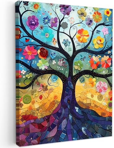 MuchoWow© Leinwand 30x40 cm Deko Schlafzimmer Aesthetic Leinwandbilder Wohnzimmer Gemälde Foto Geschenk Living Room Decoration Kunst - Baum des Lebens - Blumen - Hippie