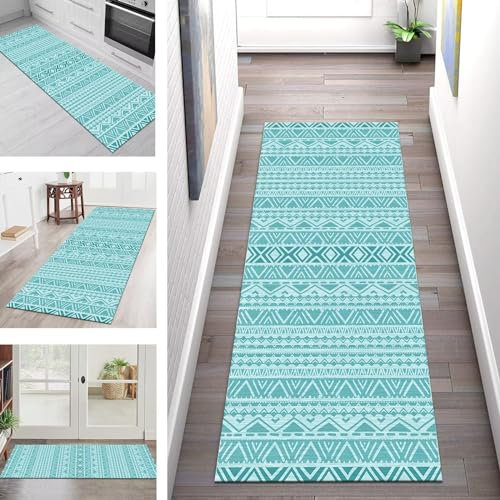 Teppich Läufer Lang Küche Flur Wohnraum Teppichläufer Rutschfest Waschbar Küchenläufer Teppichmatten Türkis Boho Vintage 50X200CM Meterware Läufer Flurteppich Wohnzimmer Schlafzimmer Küchenteppich