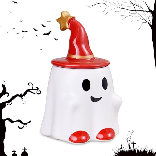 Taza de fantasmas, sombrero de estrella, taza de Halloween, sombrero rojo con espíritu sonriente, taza de café de cerámica de fantasmas, taza de café temática para fiestas, regalos divertidos, taza de