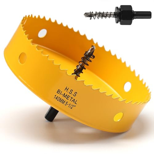 140mm Hole Saw, HSS Bi-Metal Hole Cutter with Drill Bit, Heavy Duty Hole Saw for Wood, Plastic, Drywall, Fiberglass, Yellow