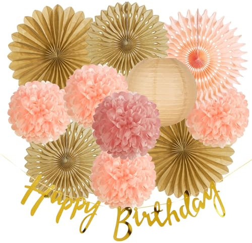 SUNBEAUTY 12Pcs Birthday Party Decorations Gentle Brown Paper Fans Dusty Pink Tissue Pom Poms Nature Nude Lantern with Gold Happy Birthday Banner for Girls Women Boho Party Baby Shower Decoration Kit