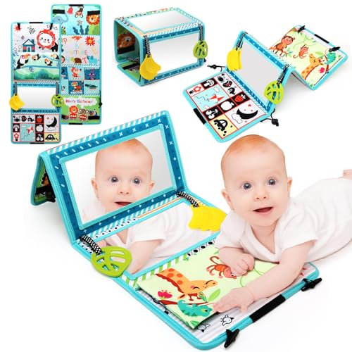 JoyPlus Baby Spiegel Spielzeug, Faltbares Baby Bauchlage Spielzeug, Ideal als Fühlbuch für Neugeborene, Visuelle Auditive Taktile Stimulation Montessori Spiegel Geschenke für Neugeborene 0 6 12 Monate