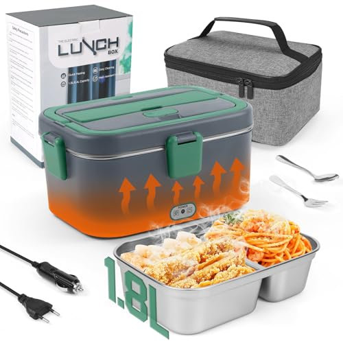 MOOKLIN ROAM Lunch Box Chauffante Électrique 1.8L, 80W Gamelle Chauffante 12V/24V/220V pour Voiture Camionet Ecole Bureau, Acier Inoxydable Portable Boîte Chauffante Repas avec Sac Isotherme